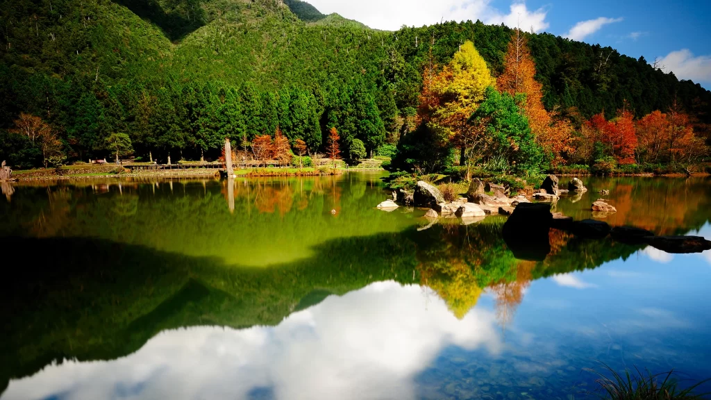 lake trees reflection autumn mountains sky rocks water
