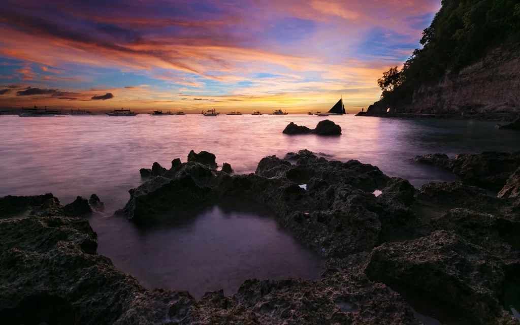 Sunset Purple Clouds Ocean Rocks Cliff Boats