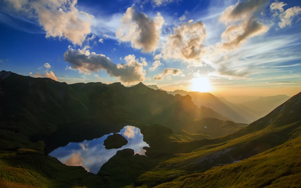 Sunset Mountain Range Lake Reflection Clouds Sky