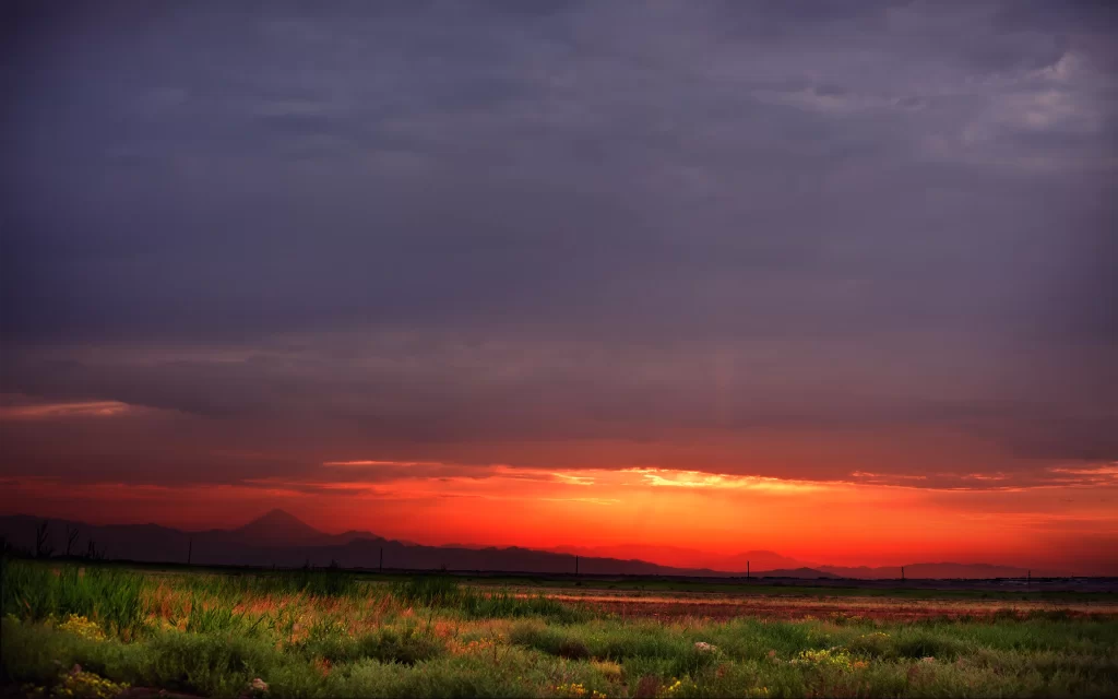 Sunset Orange Clouds Mountain Field Wildflowers