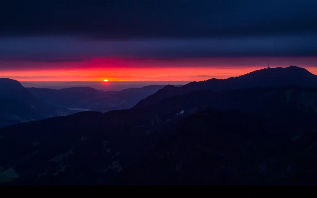 Sunset Mountain Range Silhouette Clouds Sky