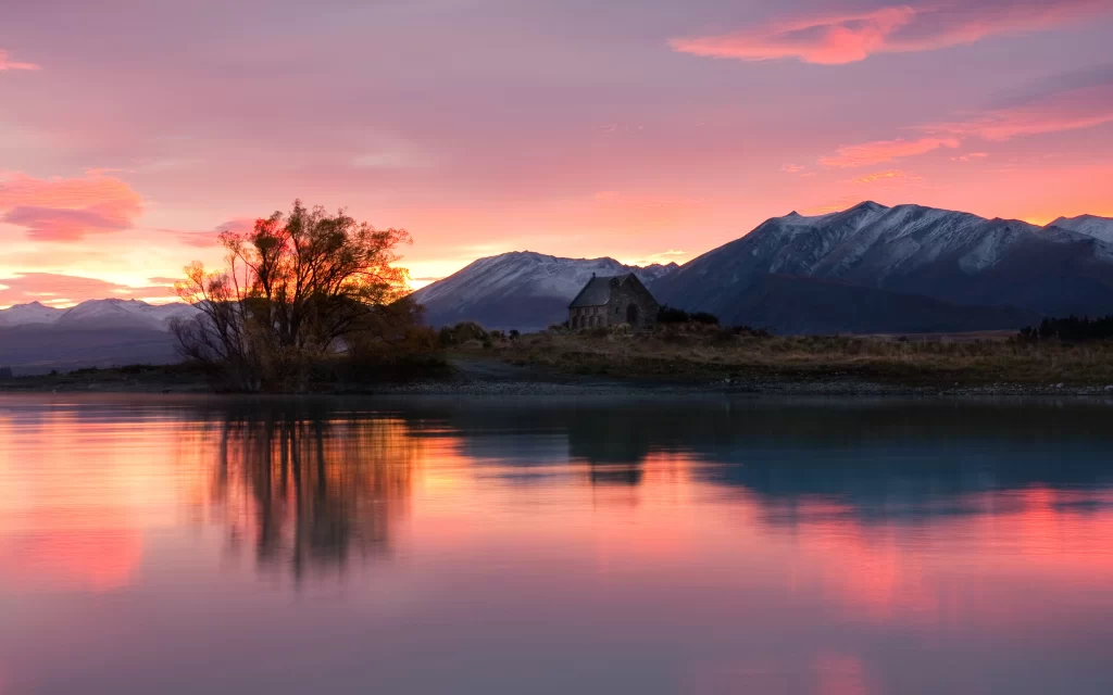 Sunset Pink Clouds Mountain Lake Reflection, Tranquil Scenery