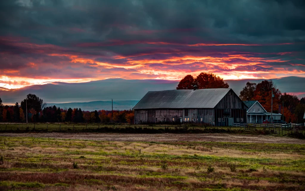 Sunset Orange Clouds Barn Trees Field