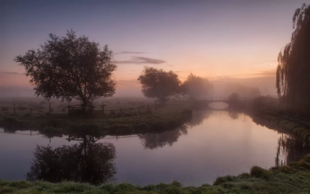 Sunset Misty River Trees Bridge Reflection