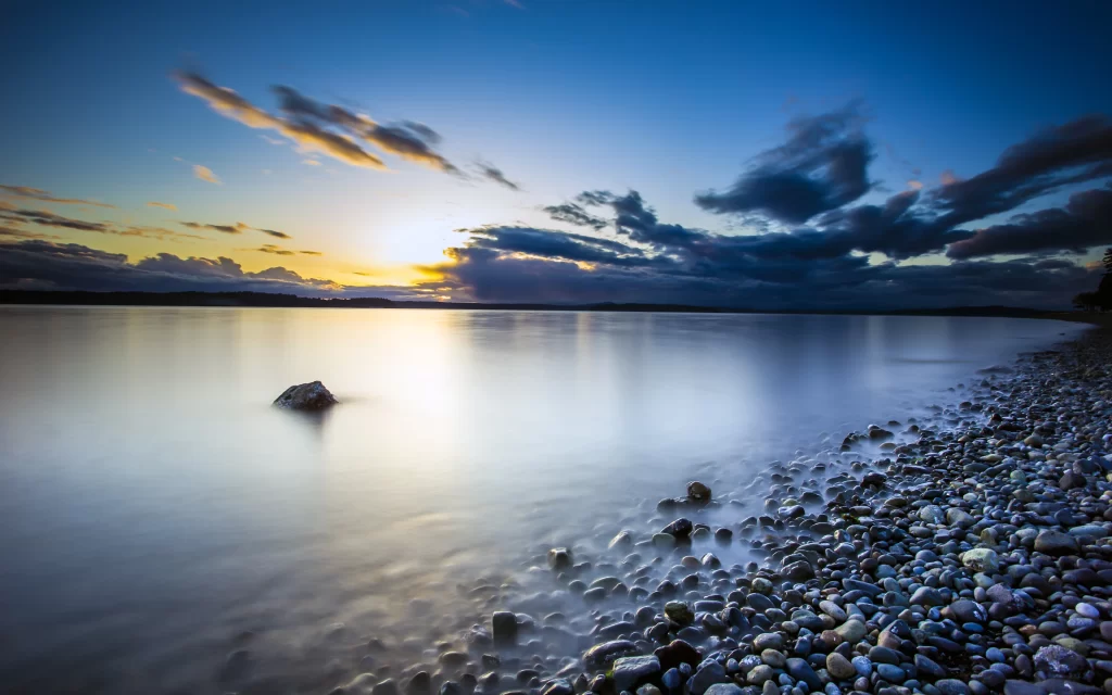 Sunset Clouds Lake Reflection Rocky Shoreline Tranquility