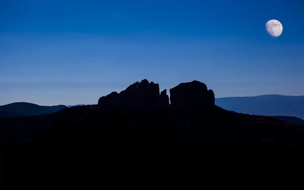 Moonlit Night Silhouette Rocky Terrain Clear Sky