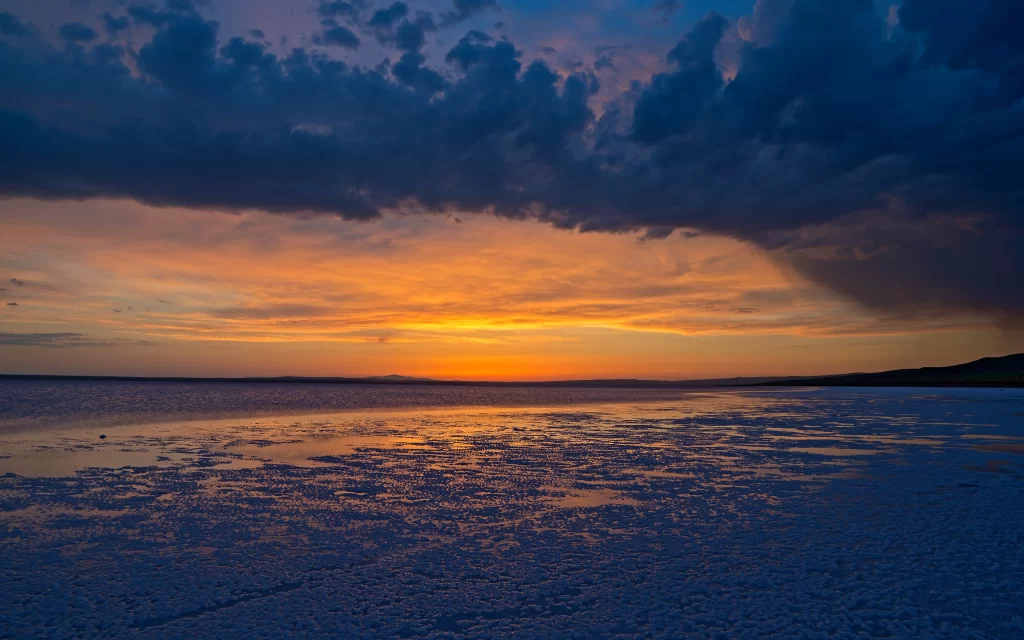 Sunset Orange Clouds Lake Reflections Mountain Horizon