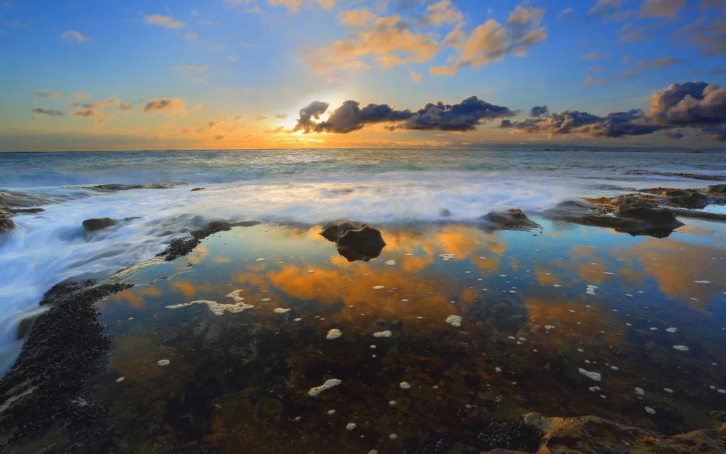 Sunset Ocean Waves Clouds Reflection Rocky Shore