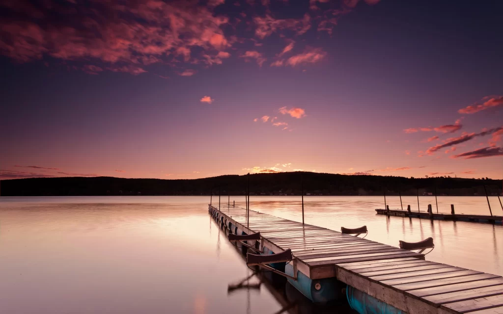Sunset Pink Clouds Lake Dock Reflection, Calm Water Silhouette Hills
