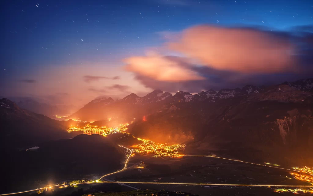 Twilight Mountain Town Lights Stars Clouds