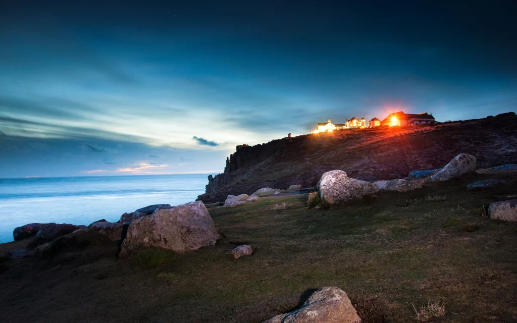 Twilight Cliffs Ocean Houses Lights Rocks
