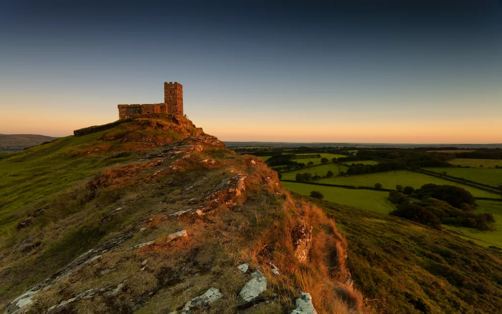 Sunset Castle Hillside Green Fields Trees