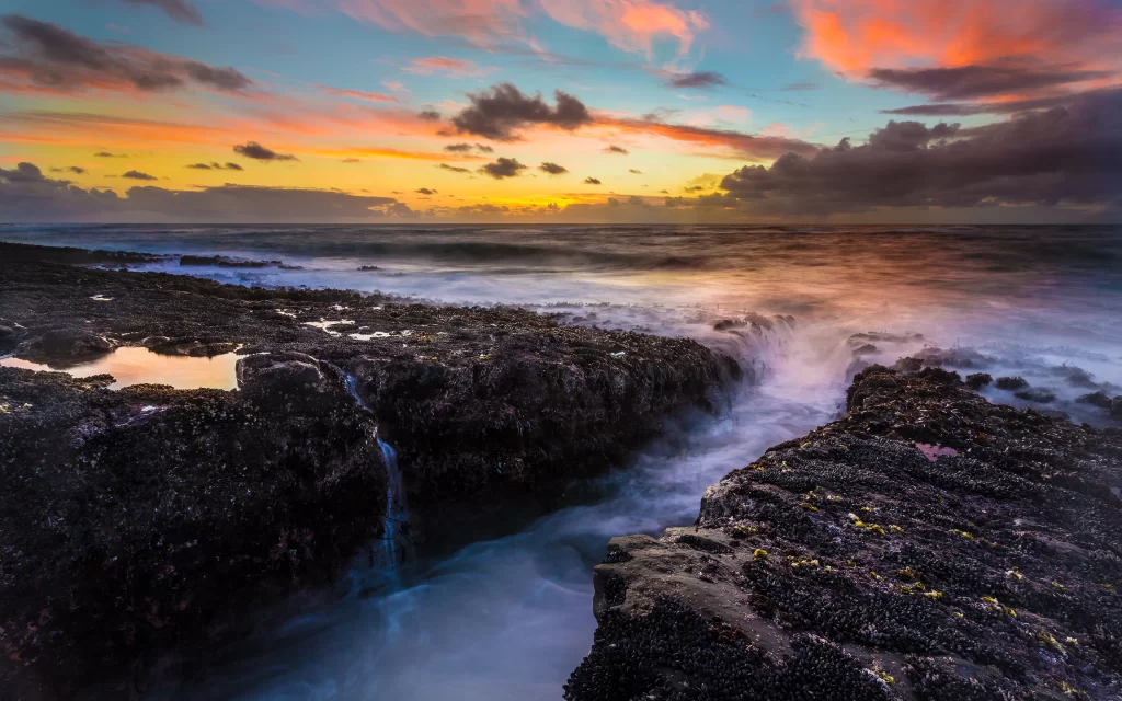 Sunset Ocean Waves Rocky Shoreline Clouds Reflection