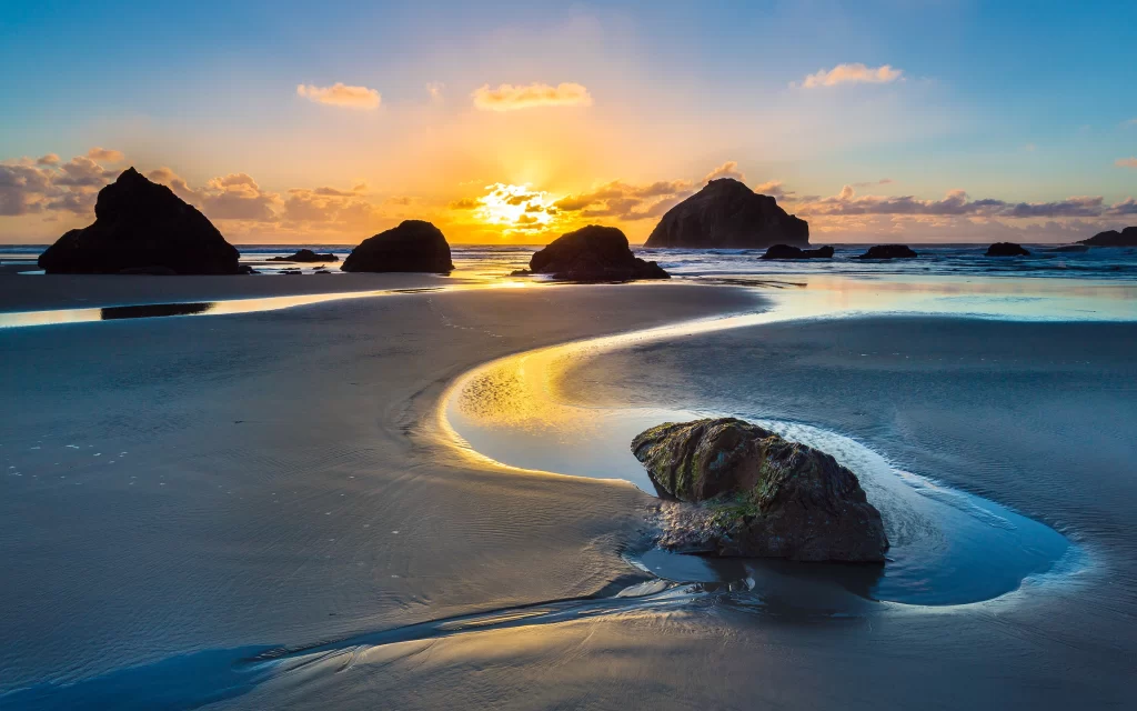 Sunset Ocean Rocks Beach Reflection