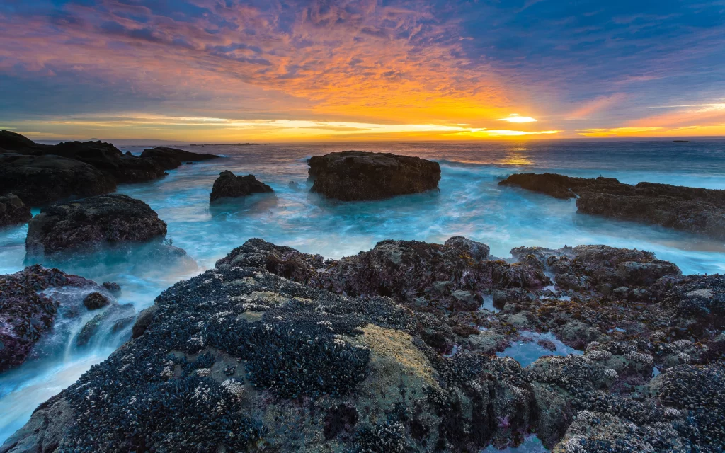 Sunset Ocean Waves Rocky Shoreline Clouds Reflection