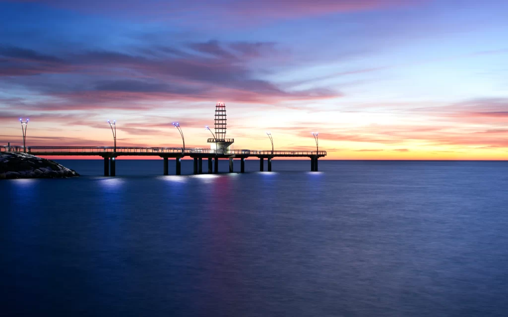 Sunset Sky Clouds Pier Ocean Reflection