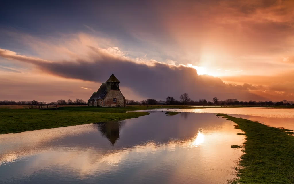 Sunset Clouds Church Water Reflection Nature