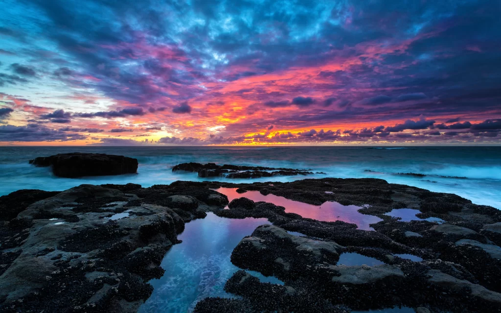 Sunset Clouds Ocean Rocks Reflection