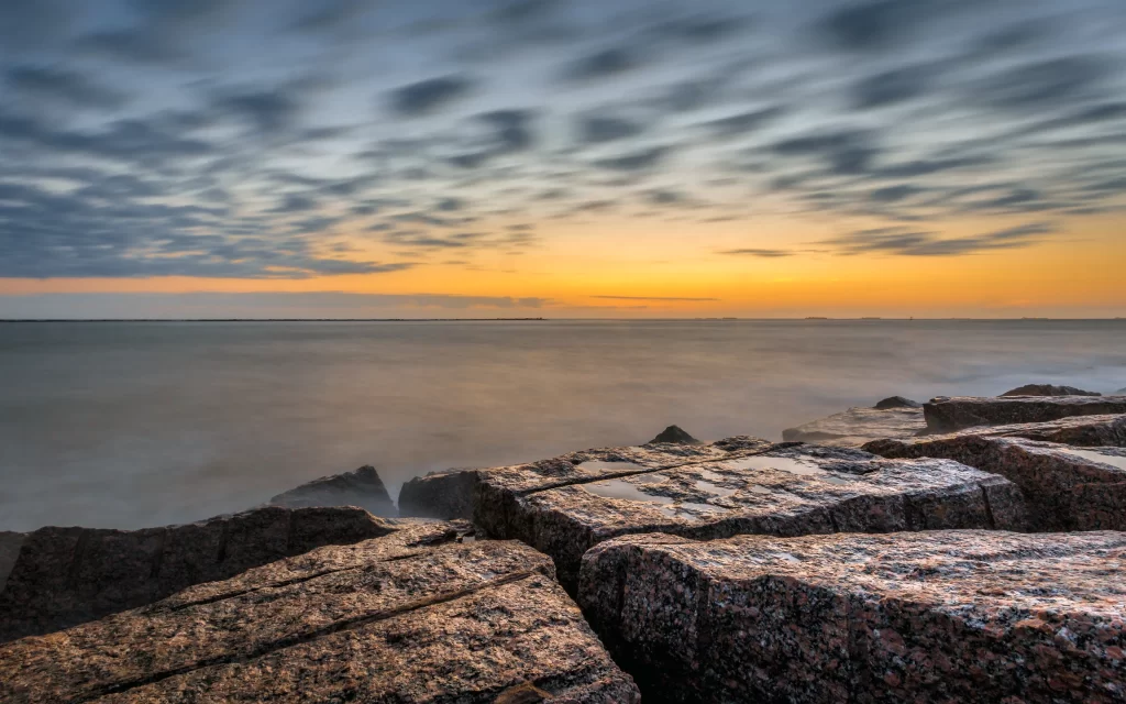 Sunset Clouds Ocean Rocks Horizon