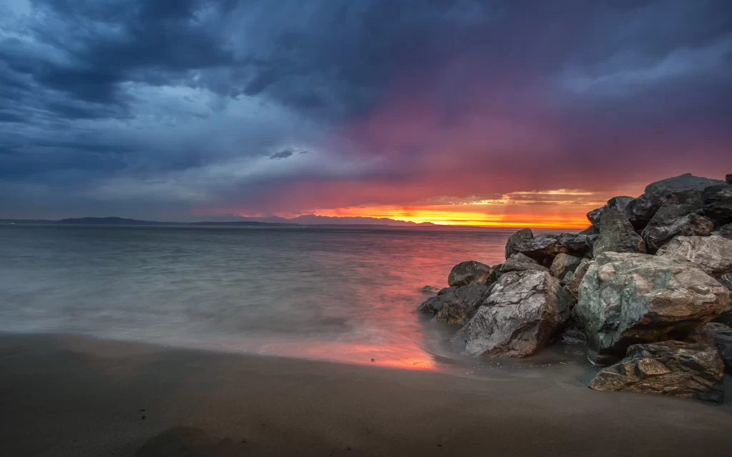 Sunset Clouds Ocean Rocks Shoreline Horizon