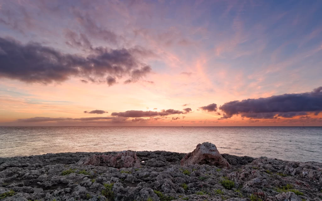 Sunset Clouds Ocean Rocks Horizon