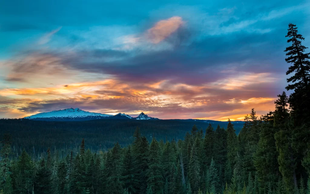 Sunset Clouds Mountain Forest Snow Peaks Scenic