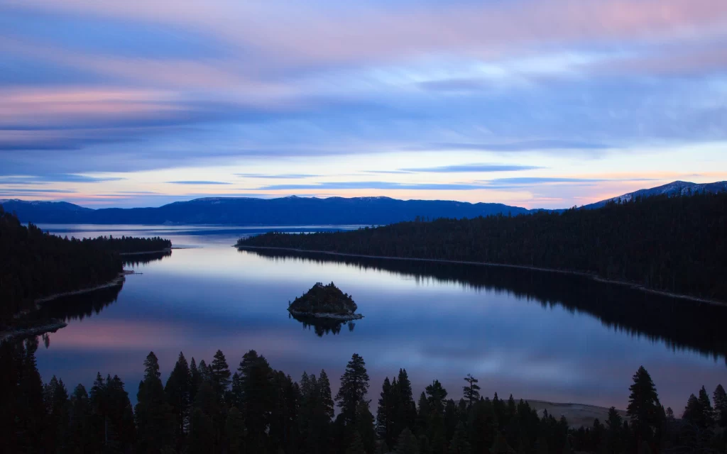 Sunset Pink Clouds Mountain Lake Reflection, Silhouette Trees Forest