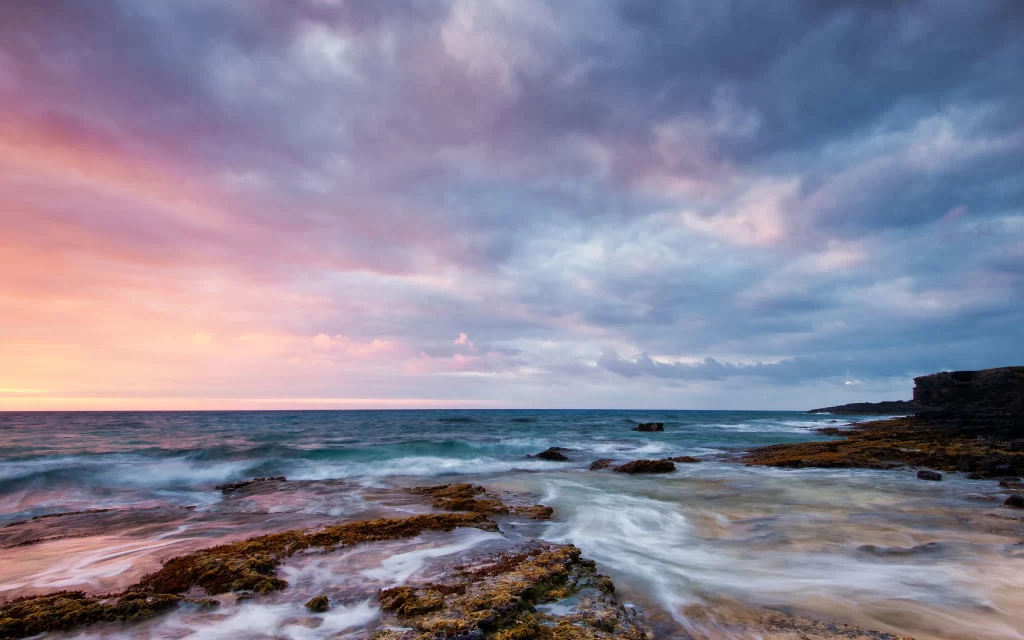 Sunset Clouds Ocean Waves Rocky Shoreline