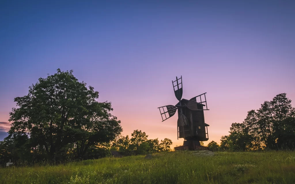 Windmill Trees Sunset Grass Sky