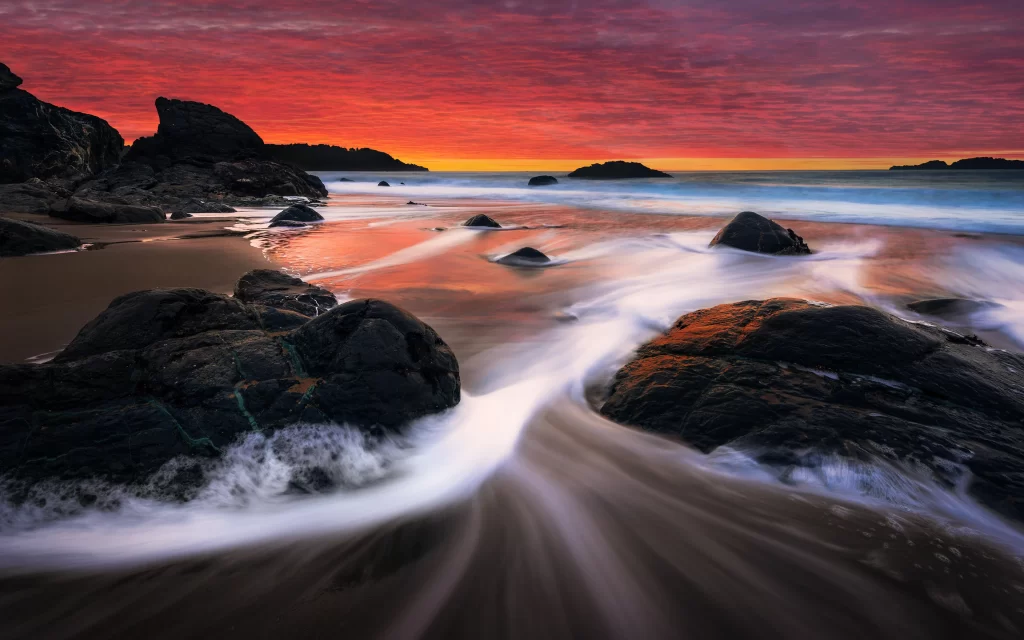 Sunset Orange Clouds Ocean Rocks Waves