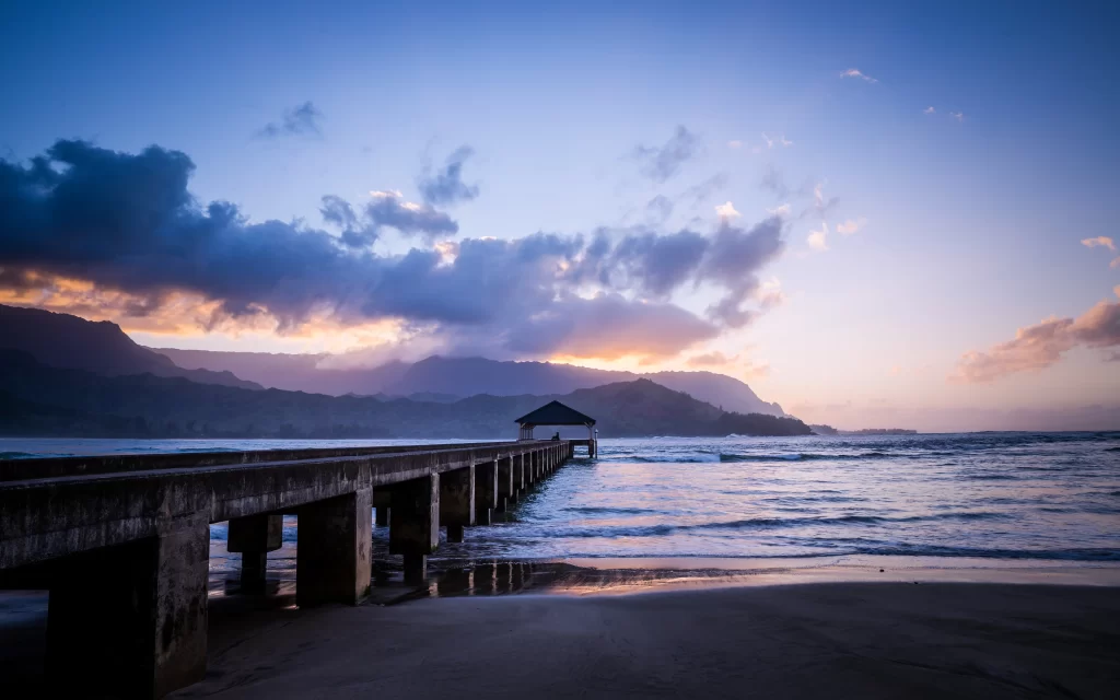 Sunset Clouds Ocean Pier Mountain Reflection