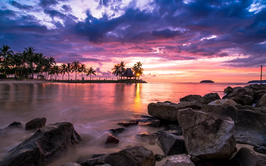 Sunset Clouds Ocean Rocks Palm Trees Reflection