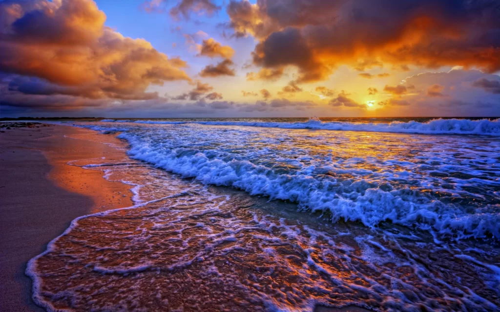 Sunset Ocean Waves Beach Golden Horizon