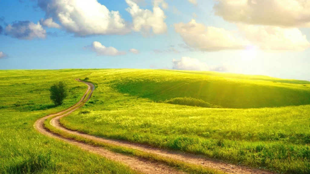 landscape green road sky clouds sunlight