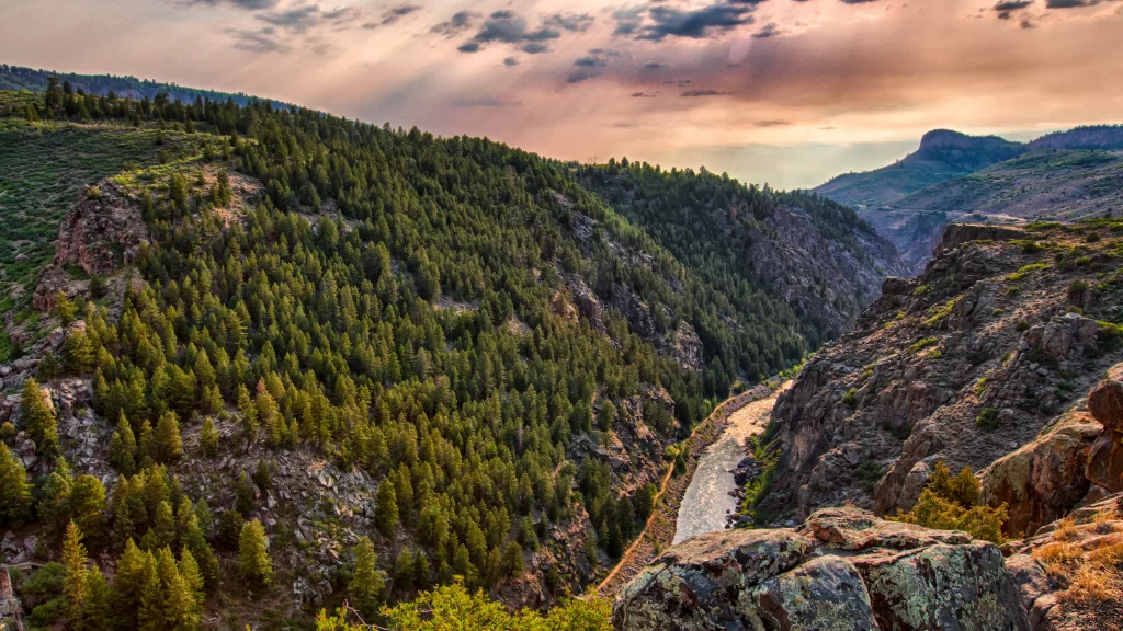 landscape mountain river forest sunset rocky