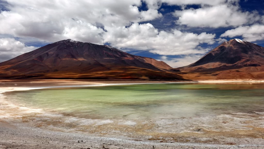 landscape mountains lake sky clouds desert