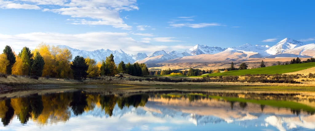 landscape, mountains, lake, trees, reflection, sky