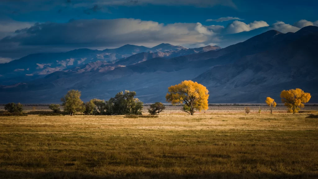 landscape mountains trees grass sky clouds