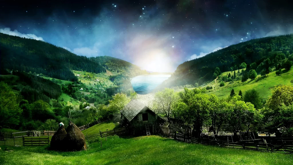 landscape nature green trees sky stars