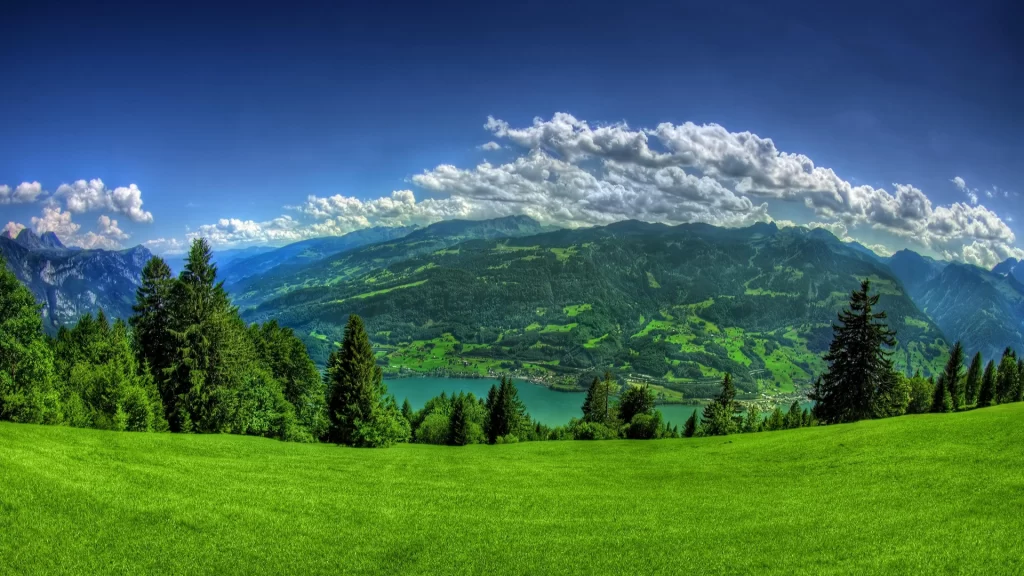 landscape nature mountains lake green sky clouds trees