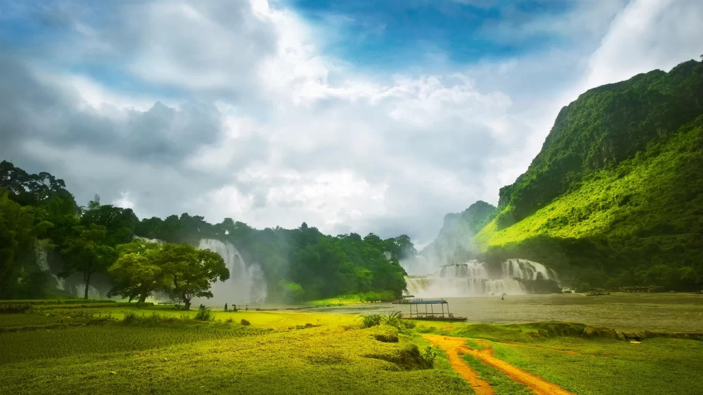 landscape nature waterfall greenery sunlight clouds