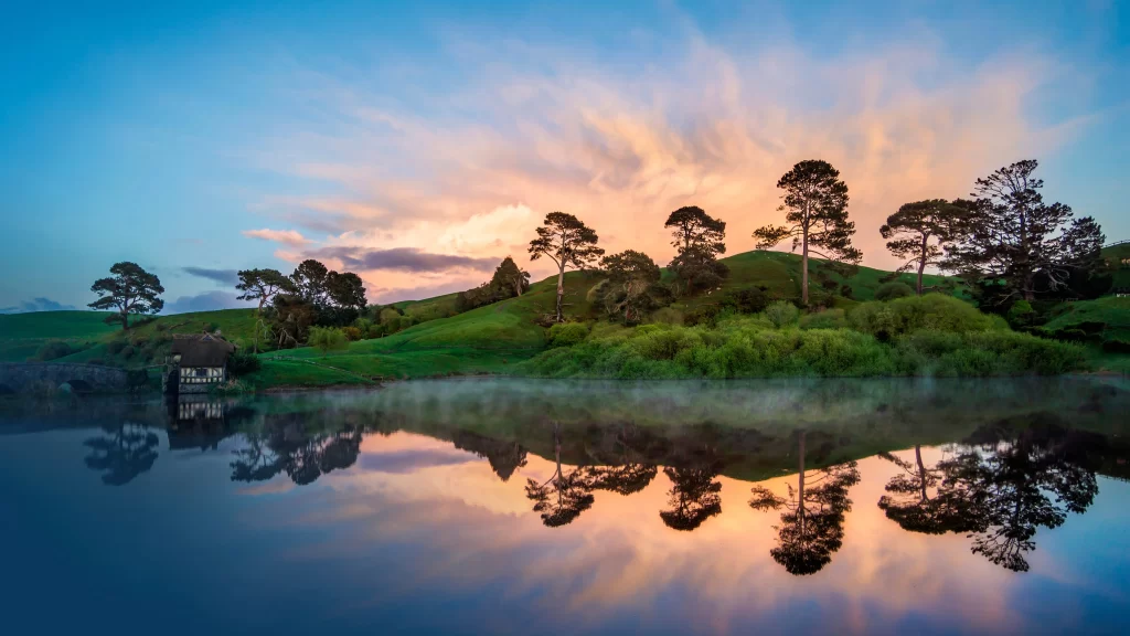 landscape sunset reflection trees water sky