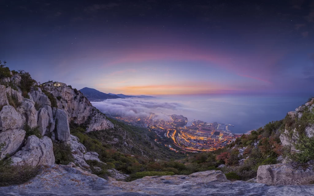 landscape twilight city sea mountains lights