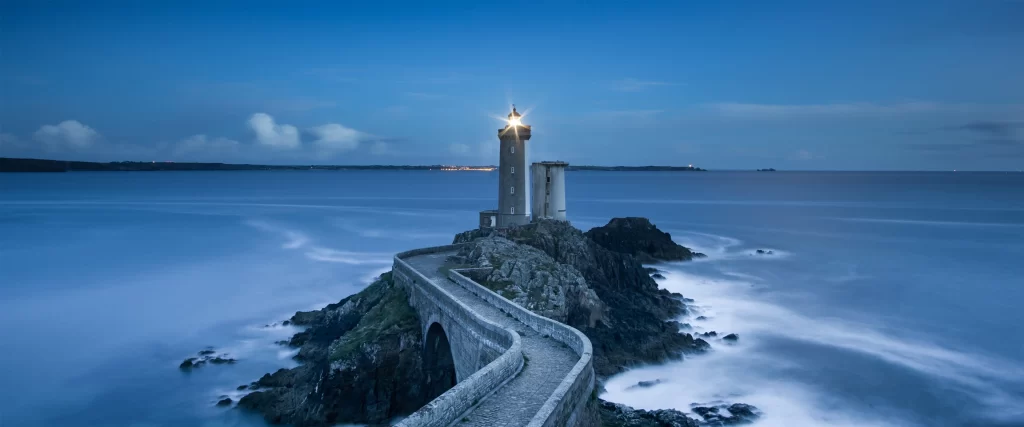 lighthouse, sea, twilight, path, rocks, serene