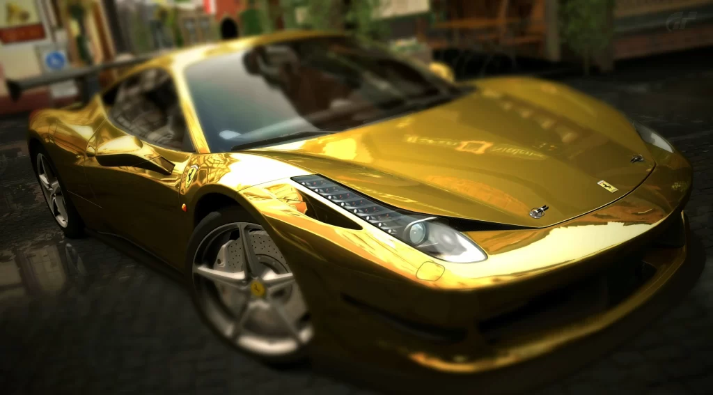 luxury car gold sports car shiny wheels reflection street urban