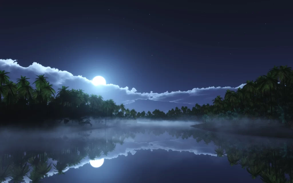 moon night sky reflection clouds trees