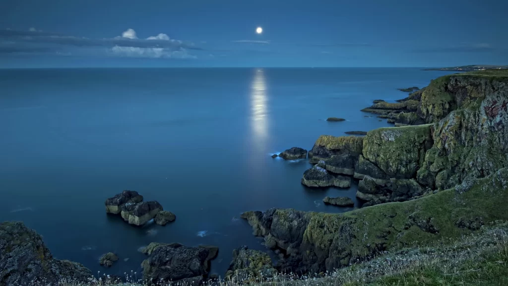 moonlight ocean cliffs rocks reflection twilight