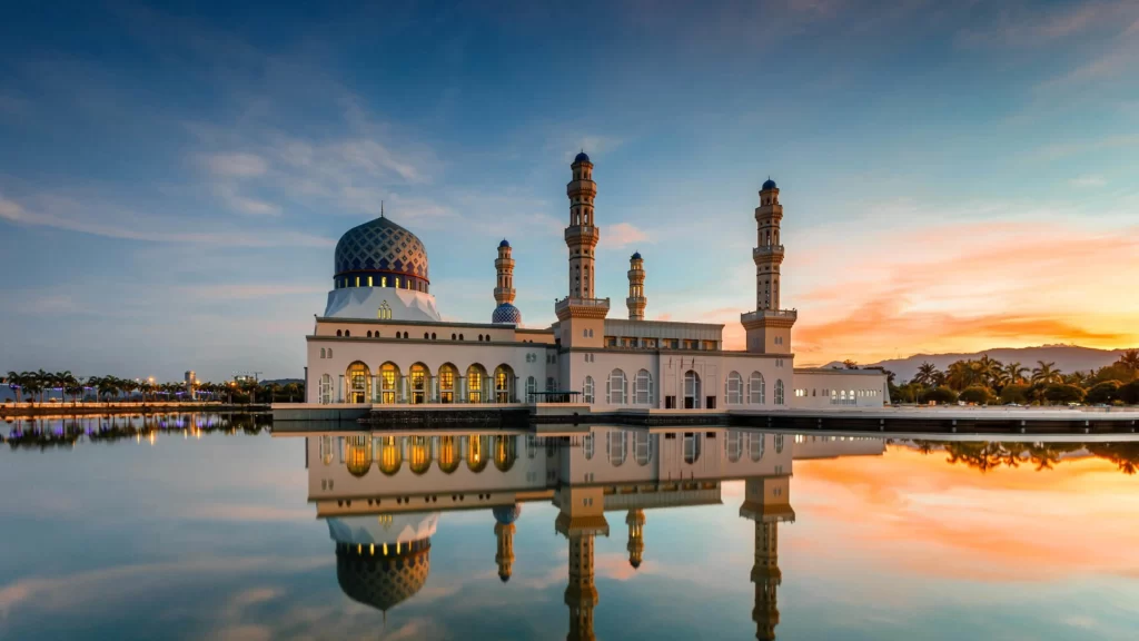 mosque, sunset, reflection, water, architecture, sky