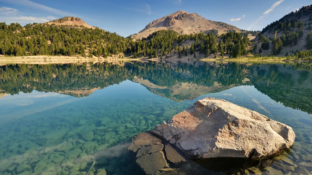 mountain lake clear water reflection rock forest