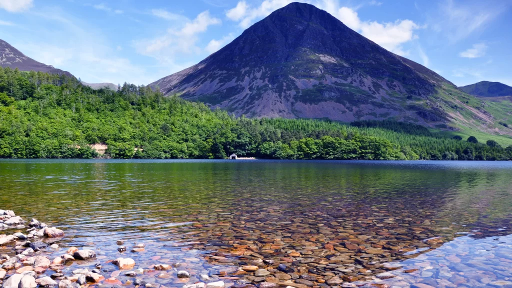 mountain lake forest sky clear water